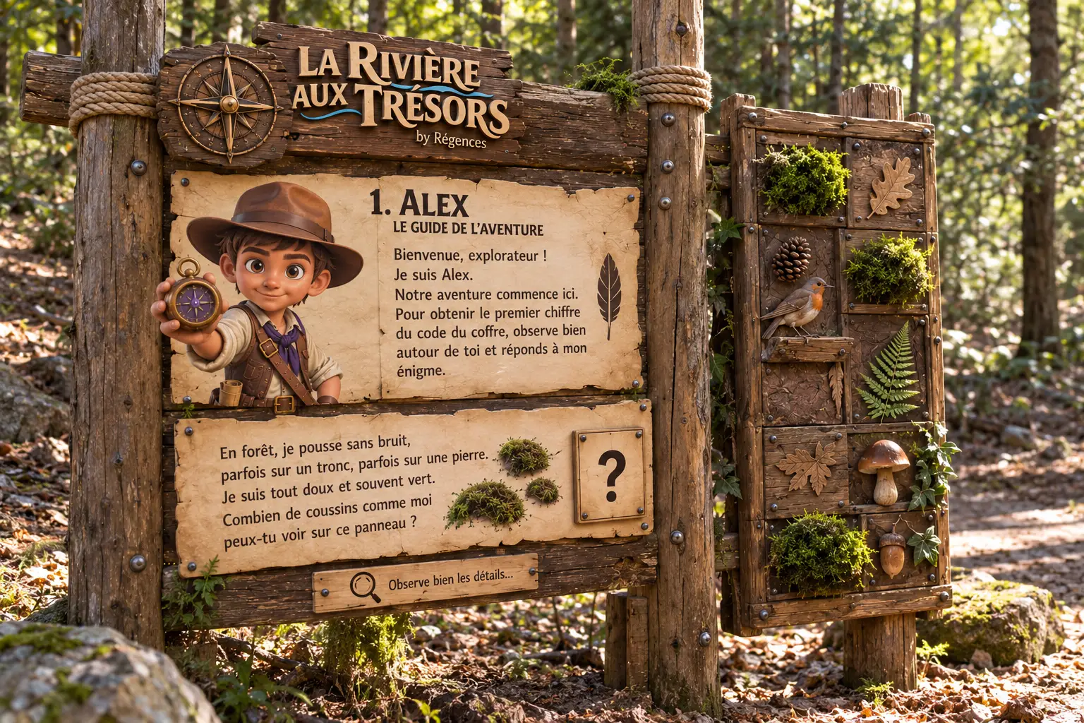 Alex présente une énigme d’observation sur un panneau de la chasse aux trésors en forêt
